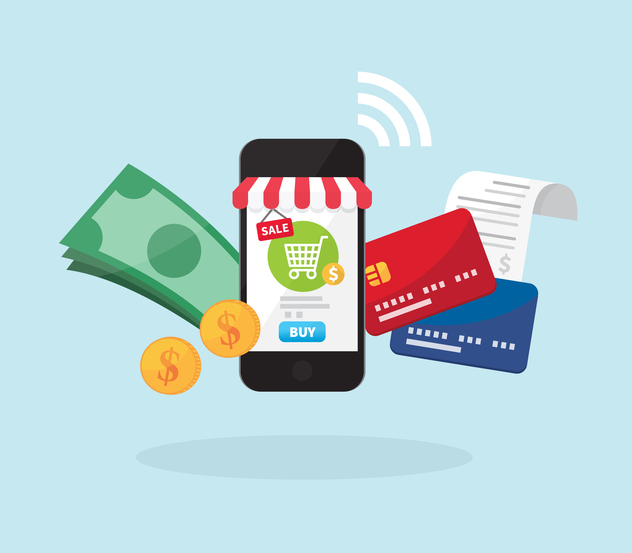 Shopping online by cash and credit card, Online store on smartphone with striped awning, Mobile payment